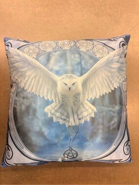 Silky White Snowy Owl Decorative Pillow with Blue Background
